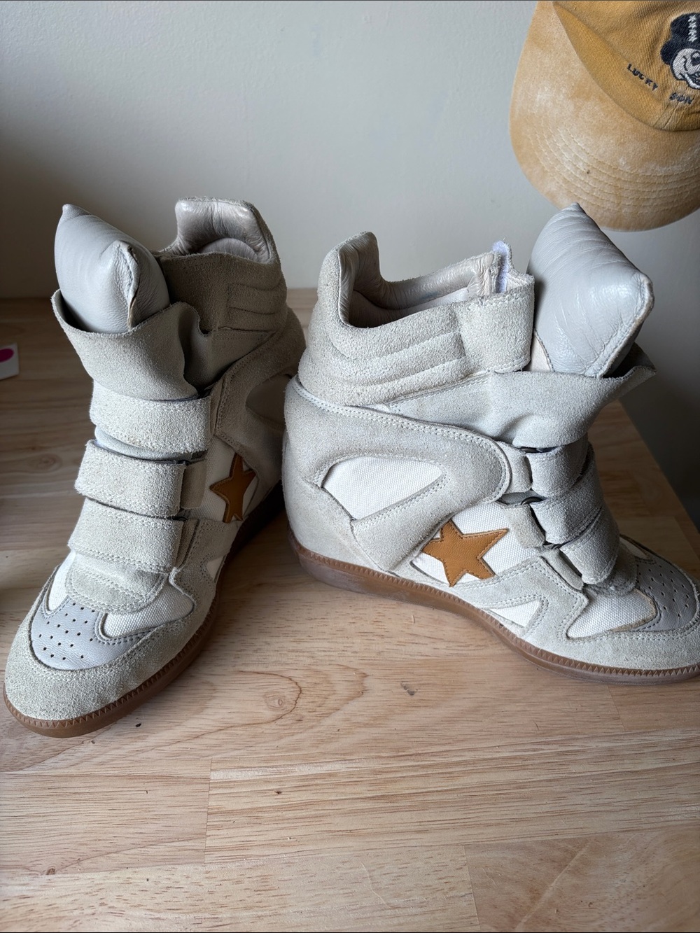 Isabel Marant Beige Wedge Sneakers with Tan Star Accent